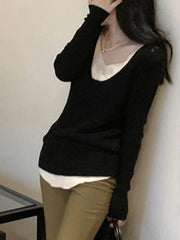V Neck Fake Two Piece Splice Long Sleeve Knit