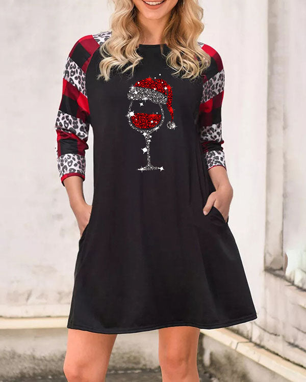 Round Neck Christmas Wine Glass Stitching Plaid Double Pocket Dress