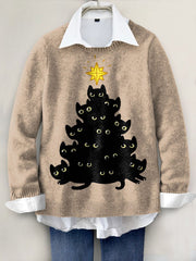 Christmas Black Cat Tree Art Print Knit Pullover Sweater