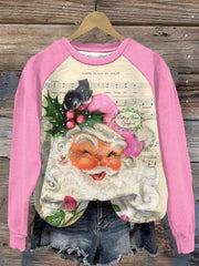 Pink Santa Christmas Music Roses Print Crew Neck Sweatshirt