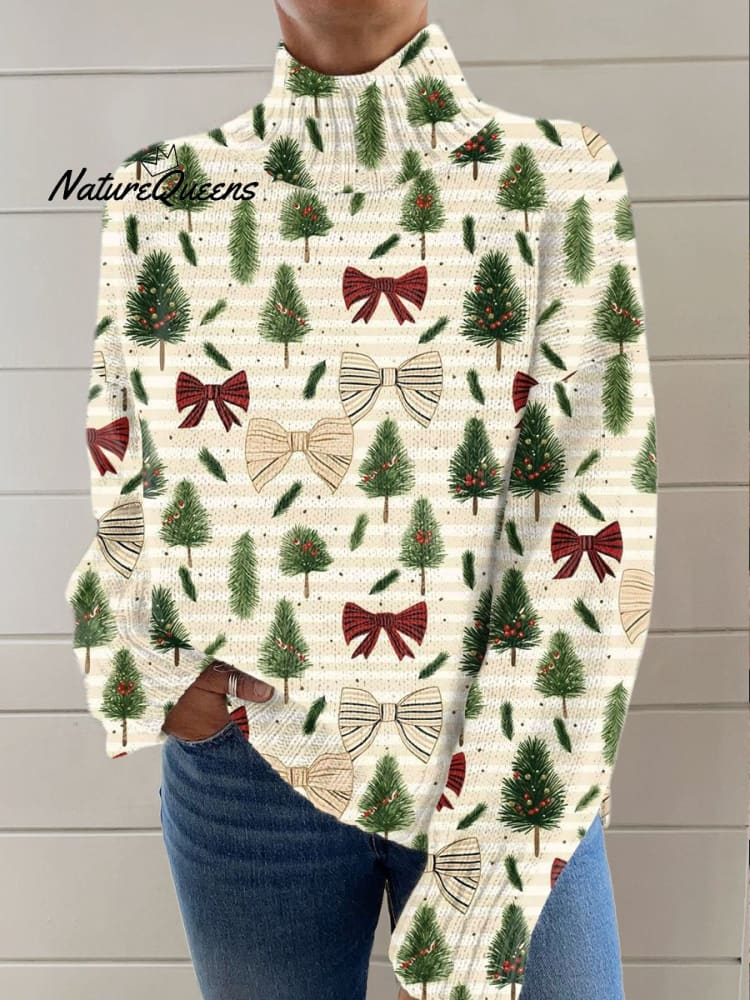 Christmas Tree Print Knit Turtleneck Pullover Sweater