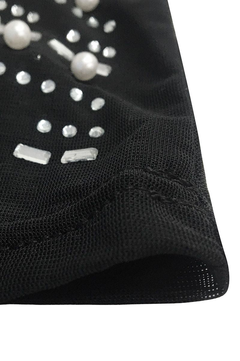 Contrast Mesh Rhinestone & Faux Pearls Decor Bodycon Dress