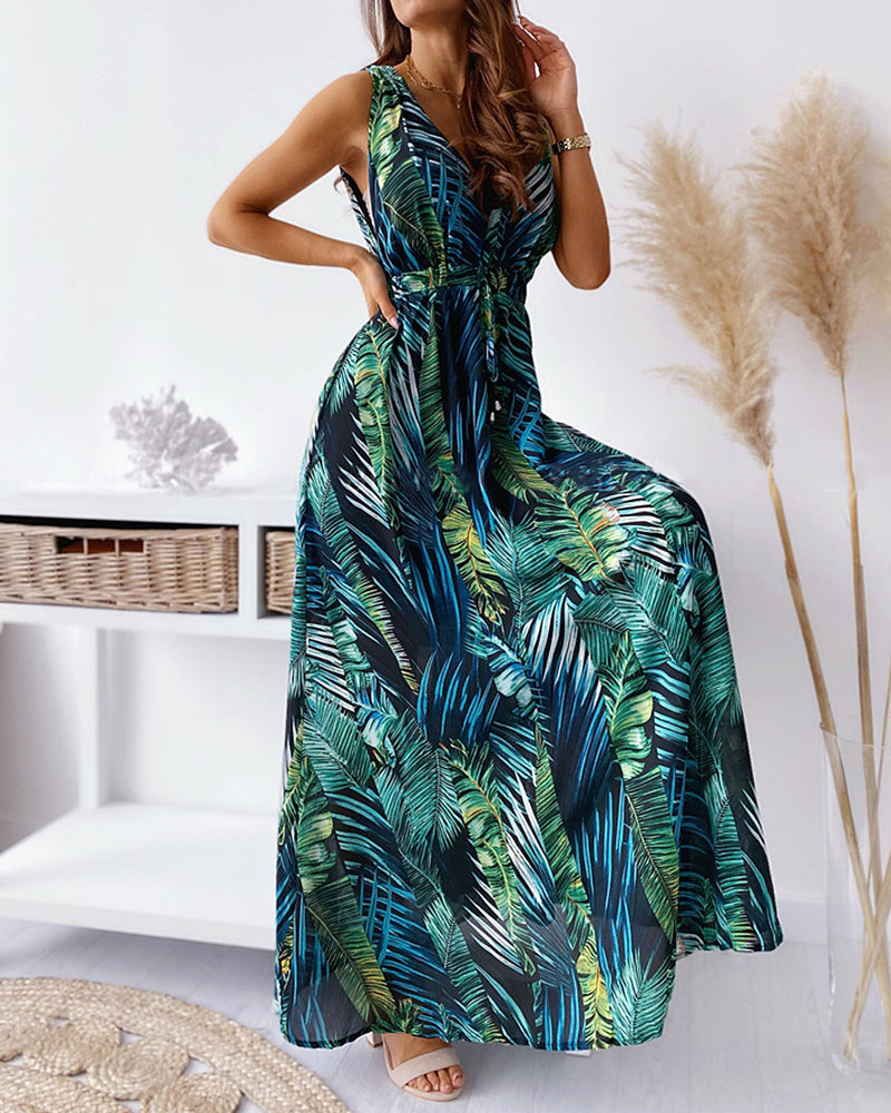 Floral Print V-Cut Back Tie Waist Maxi Dress