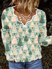 Sage and Beige Christmas Tree Cashmere V-Neck Top