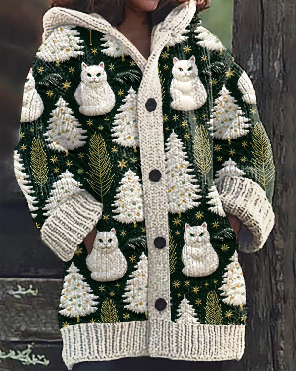 Cat Christmas Tree Floral Embroidery Print Casual Hooded Cardigan