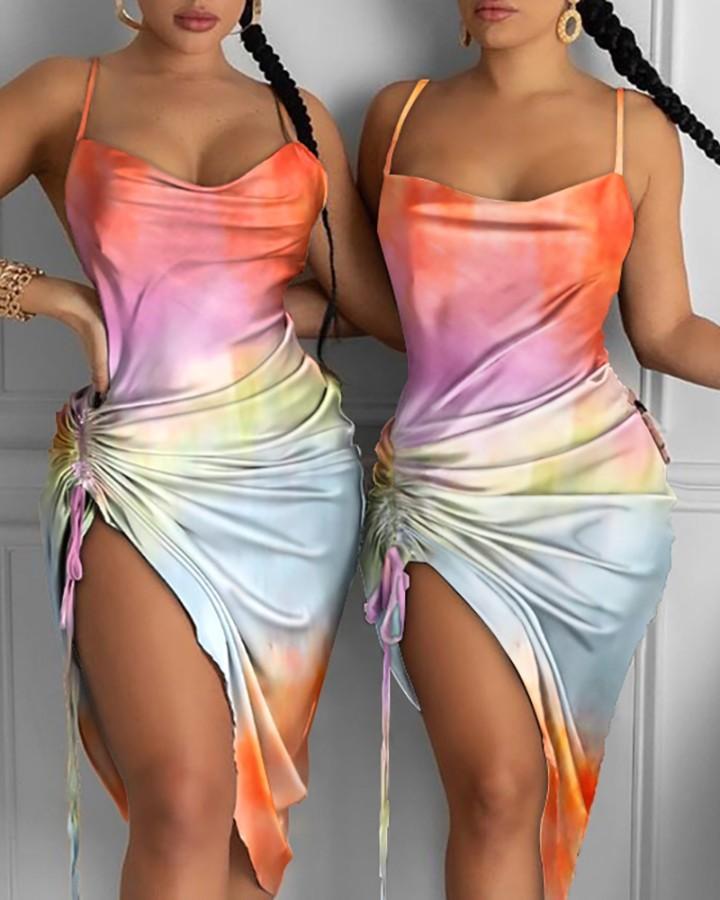 Tie Dye Print Drawstring Ruched Party Dress