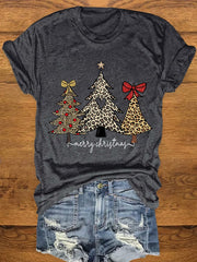 Christmas Leopard Christmas Tree Print Crew Neck T-Shirt