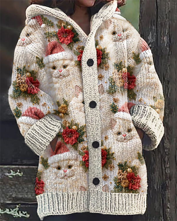 Christmas Cat Embroidery Print Casual Hooded Cardigan