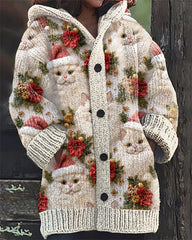 Christmas Cat Embroidery Print Casual Hooded Cardigan