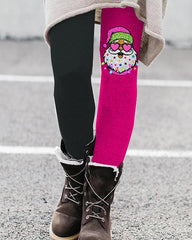 Pink Shiny Santa Color Block Casual Leggings