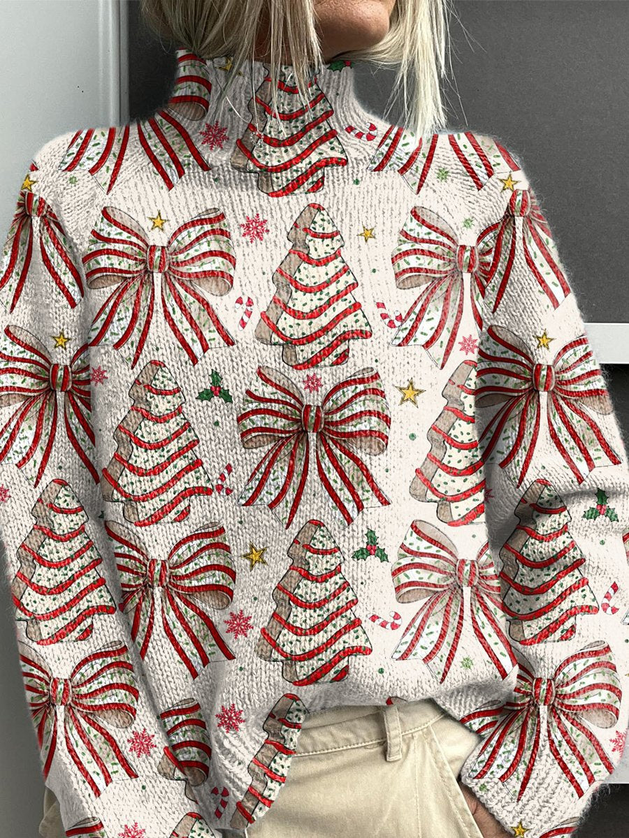 Striped Bow Christmas Tree Art Print Knit Turtleneck Pullover Sweater