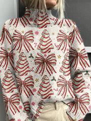 Striped Bow Christmas Tree Art Print Knit Turtleneck Pullover Sweater