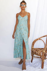 Mini Floral Button Down V Neck Beach Maxi Dress