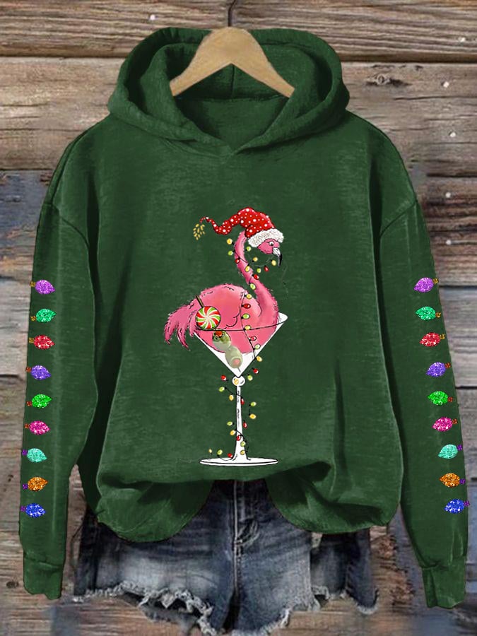 Christmas Colorful Lights Flamingo Holiday Casual Hoodie