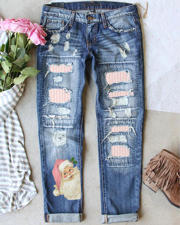 Retro Pink Striped Santa Ripped Jeans