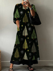 Christmas Tree Vintage Print Pocket V-neck Cotton Dress