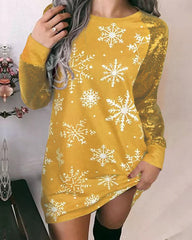 Christmas Sparkling Colorblock Snowflake Long Sleeve Christmas Dress