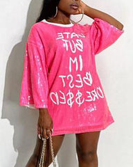 Letter Print Sequins Decor Round Neck Mini Dress