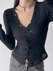 Solid Ribbed V Neck Twist Front Long Sleeve Knit
