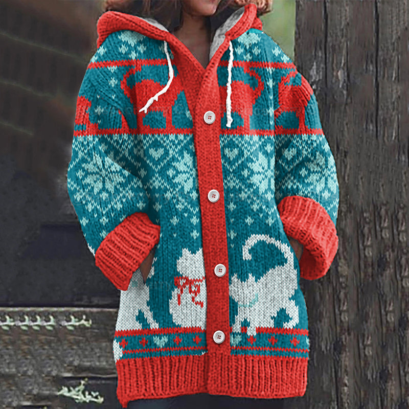 Christmas Snowflake Cat Pattern Women's Cardigan Sweater
