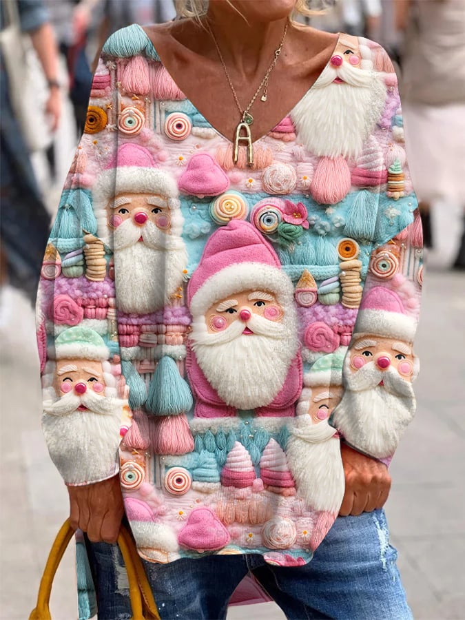 Women's Pink Santa Print Loose V-Neck Top