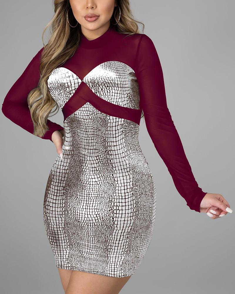 Metallic Snakeskin Print Sheer Mesh Long Sleeve Mini Dress