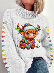 Christmas Highland Cow Print Knitted Turtleneck Jumper