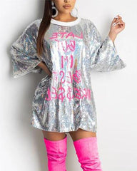 Letter Print Sequins Decor Round Neck Mini Dress