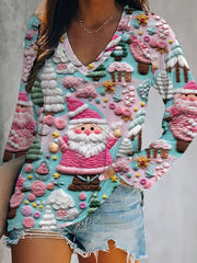 Women's Christmas Pink Santa V-Neck Top