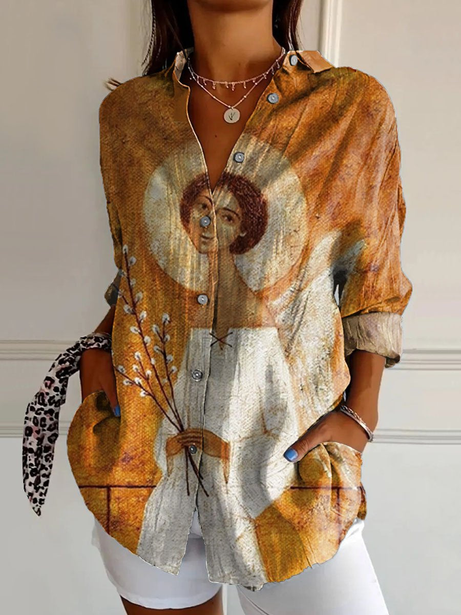 Lovely Christmas Angel Art Print Casual Cotton Shirt