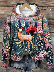 Women's Christmas Elk Embroidery Print Hoodie