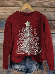 Women's Classy Christmas Tree Pearl Art Crew Neck Sweatshirt