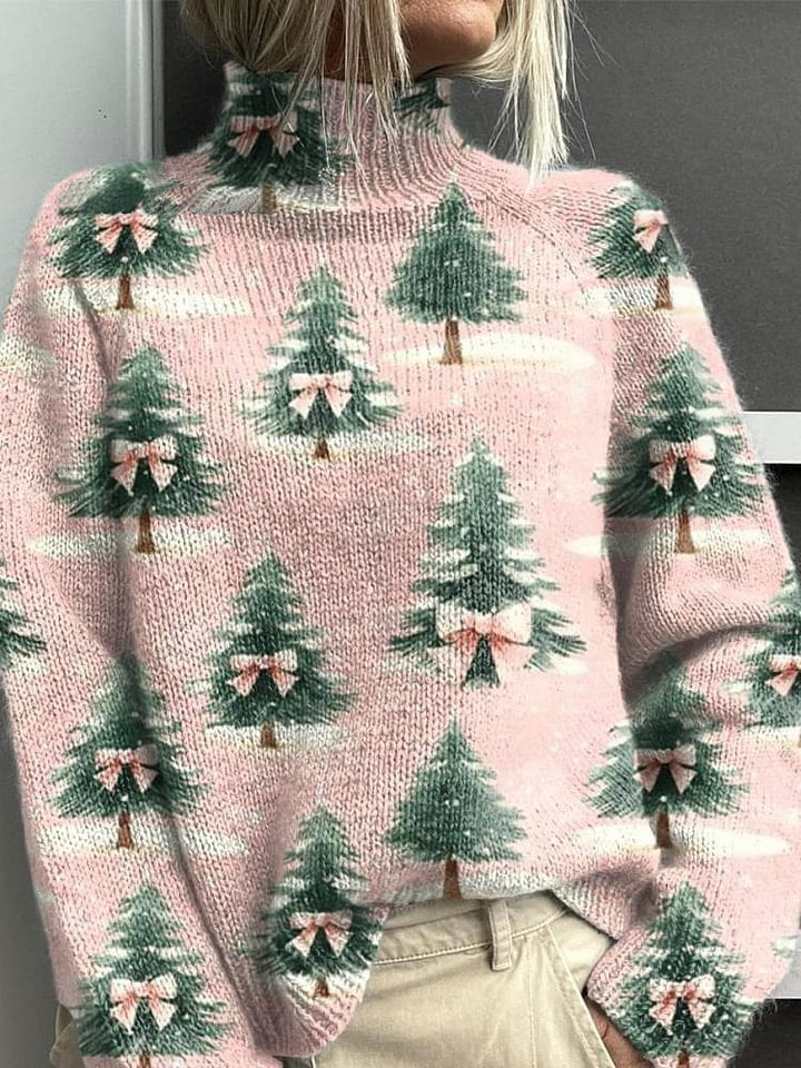 Vintage Pink Bow Christmas Tree Art Print Knit Turtleneck Pullover Sweater