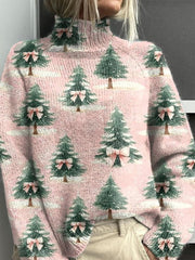 Vintage Pink Bow Christmas Tree Art Print Knit Turtleneck Pullover Sweater