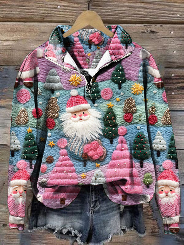 Christmas Santa Claus Printed Zipper Lapel Casual Sweatshirt