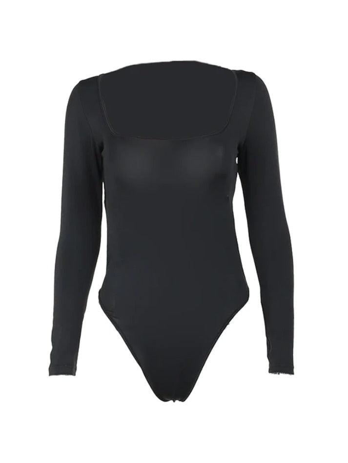 Solid Square Neck Tie Up Backless Long Sleeve Tee