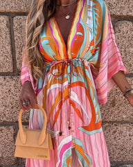 Graphic Print Tied Detail Batwing Sleeve Maxi Dress