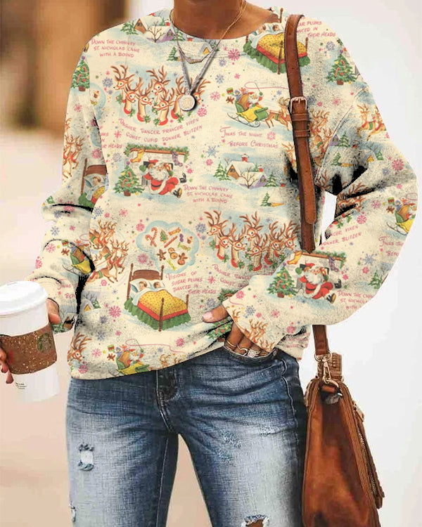 Retro Christmas Print Loose Crew Neck Sweatshirt