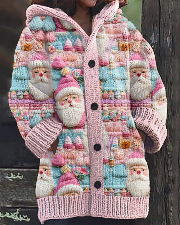 Christmas Pink Santa Claus Embroidery Print Casual Hooded Cardigan