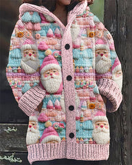 Christmas Pink Santa Claus Embroidery Print Casual Hooded Cardigan