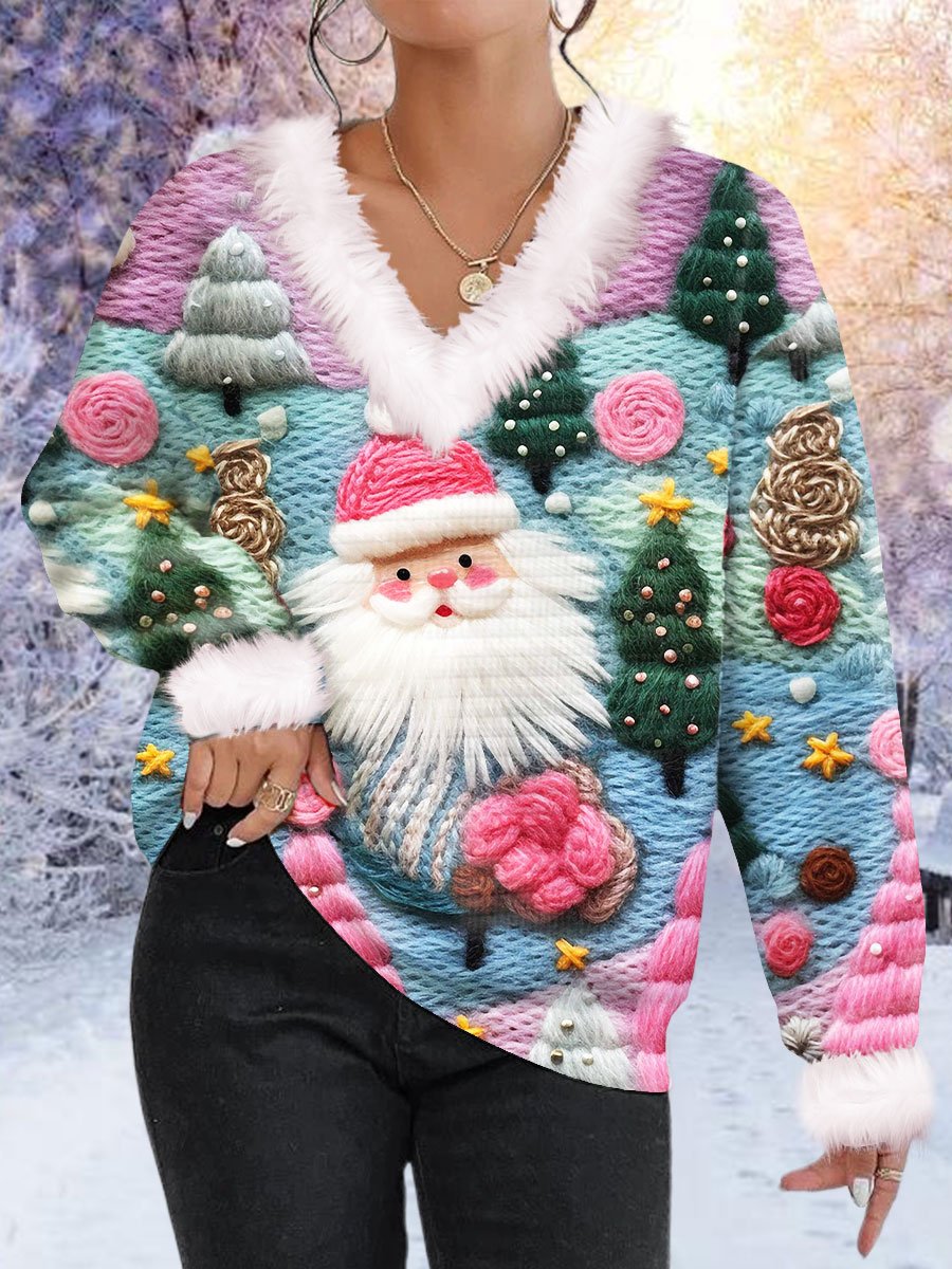 Pink Santa Print Fur Collar Sweatshirt