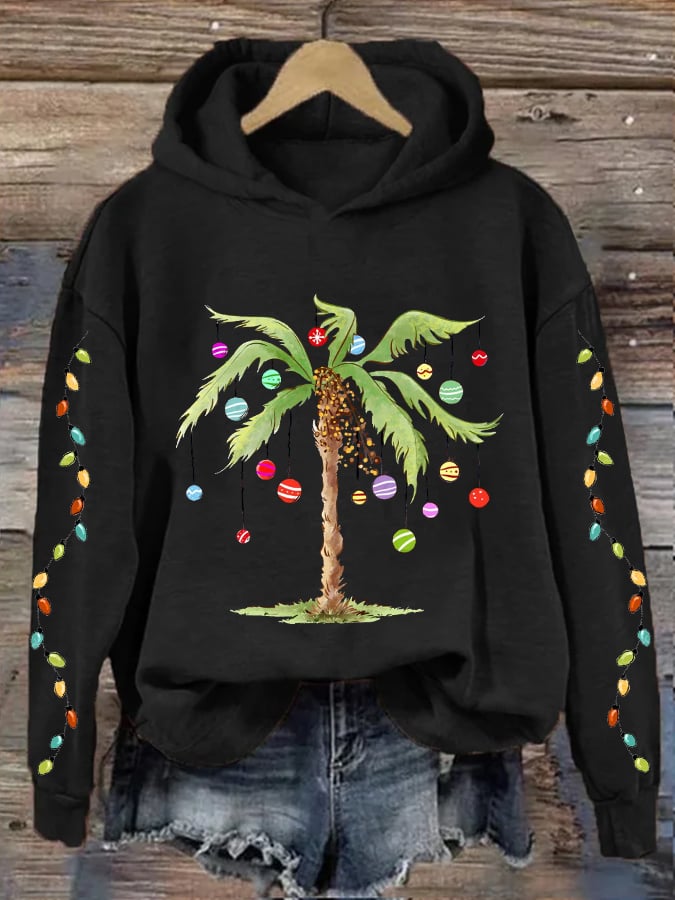Christmas Palm Tree Print Hooded Sweatshirt