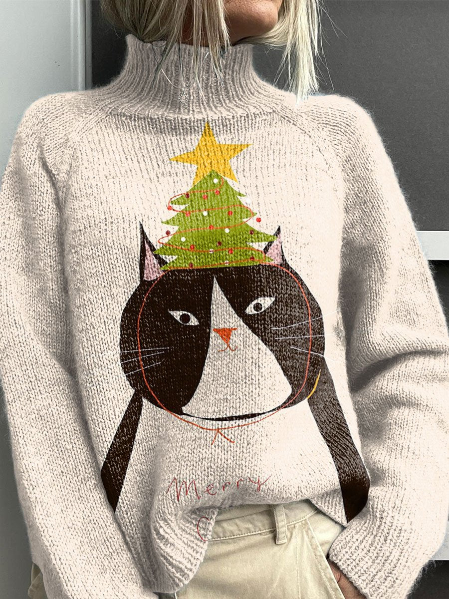 Christmas Tree and Cat Art Print Knit Turtleneck Pullover Sweater
