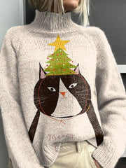 Christmas Tree and Cat Art Print Knit Turtleneck Pullover Sweater