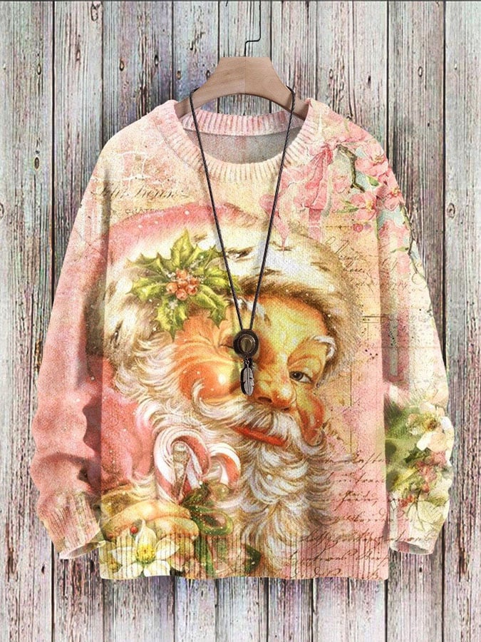 Pink Vintage Santa Claus Printed Sweater