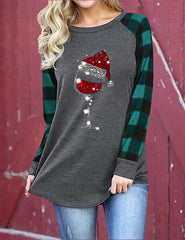 Christmas Hat Wine Plaid Splicing Long Sleeve Blouse