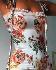 Tied Detail Lace Trim Floral Print Dress