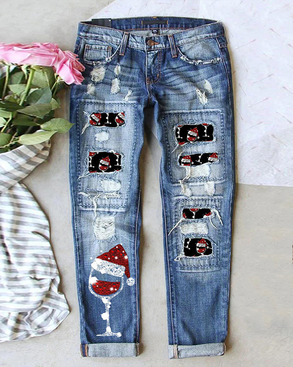 Christmas Wine Glass Print Loose Casual Jeans