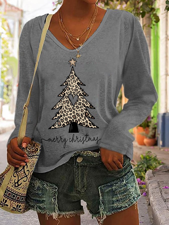 Christmas Leopard Christmas Tree Print V-Neck Long Sleeve T-Shirt