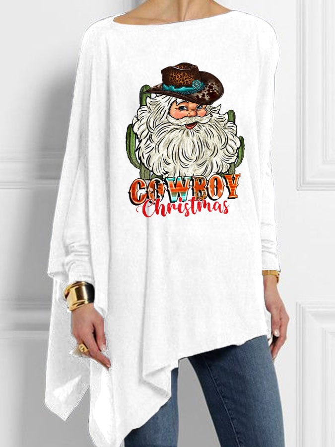 Cowboy Christmas Santa Print Irregular Top